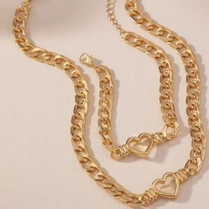 Gold Heart Chunky Chain Necklace and Bracelet Set NWT